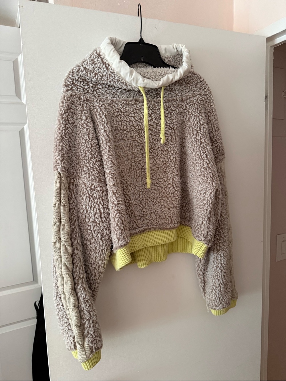 Free People oversize Teddy Knit Cropped Hoodie Sweater in Taupe with Yellow Trim